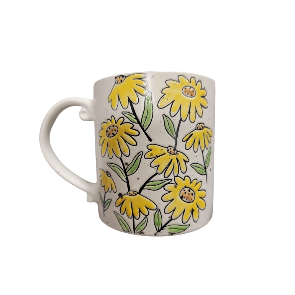 Spectrum‎ Designz Yellow Daisy Floral Coffee Mug Speckled White Ceramic 20oz